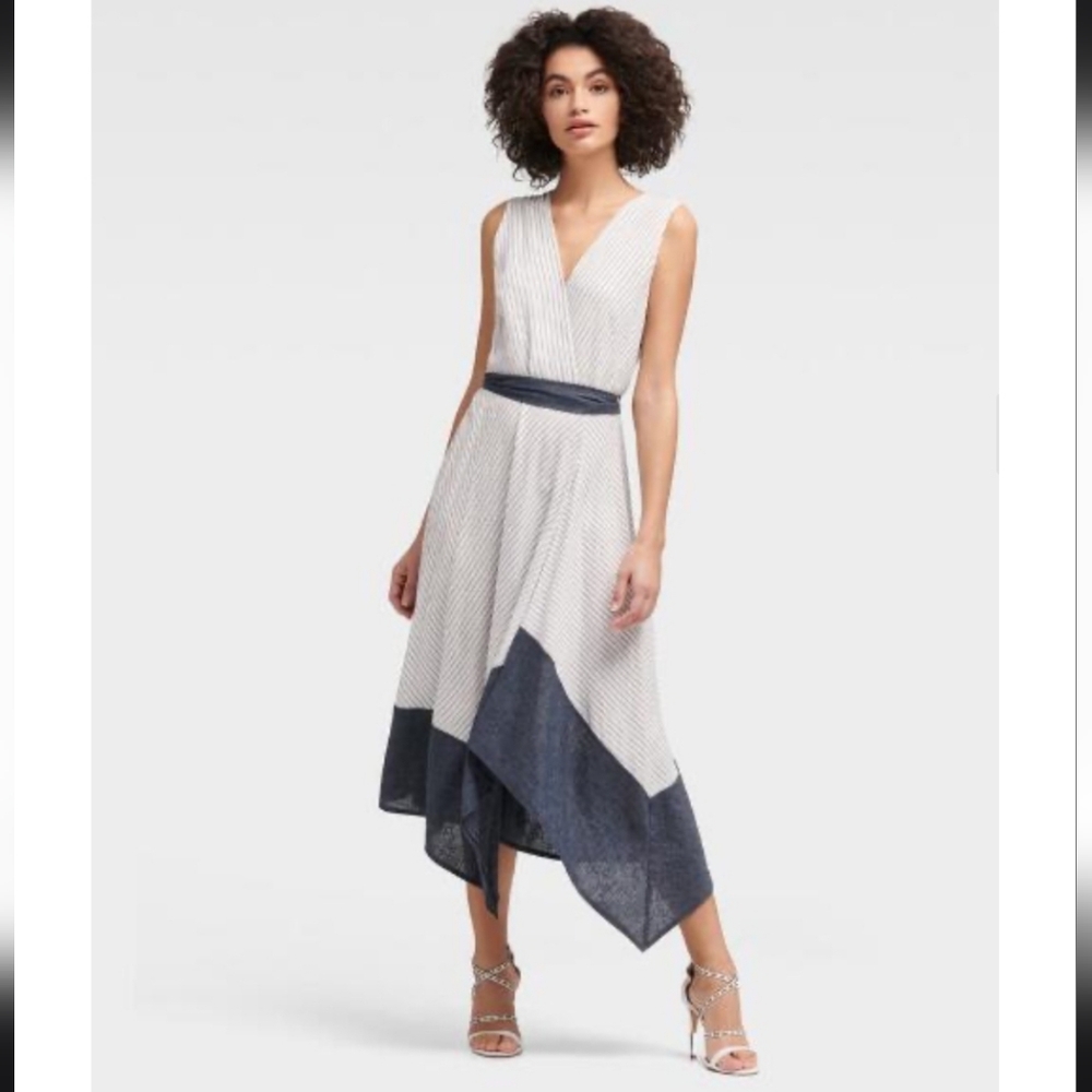 DKNY Blue & white asymmetrical linen blend dress 4